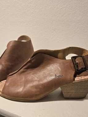 b.o.c. Brown Leather Open-Toe Slingback Block Heel Mules